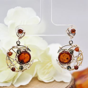 Sterling Silver Fancy Abstract 3 Colour Amber Moon Drop Earrings