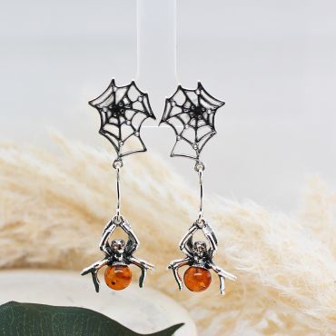 925 Sterling Silver and Cognac Amber Short Drop Spider Earrings