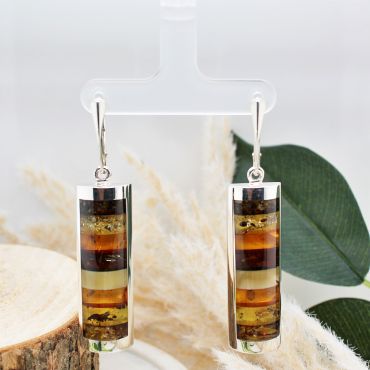 Sterling Silver And Stripped Amber  Chunky Drop Earrings