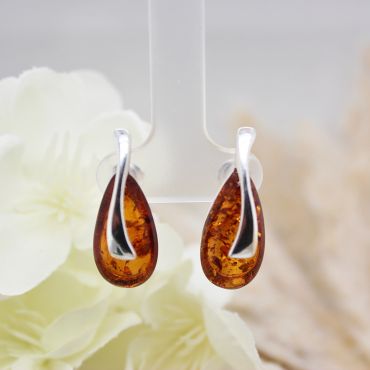 Sterling Silver and Cognac Amber Tear Shaped Stud Earrings