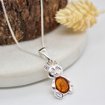 Sterling Silver and Cognac Amber Teddy Bear Necklace