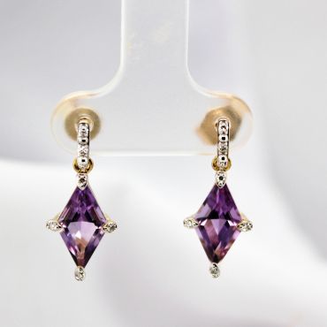 9ct Yellow Gold Amethyst And Diamond Marquise Shaped Gem Earrings