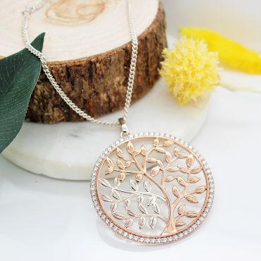 Large Sterling Silver and Rose Gold Vermeil Tree Of Life Necklace