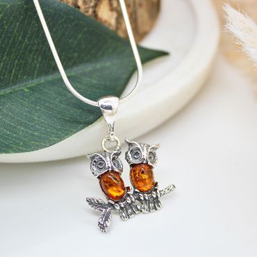 925 Sterling Silver and Amber Cognac Duo Owl Cognac Amber Necklace