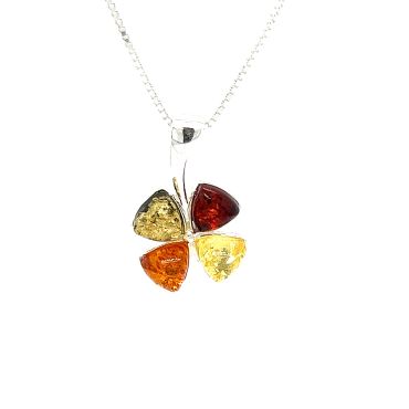 Multicoloured Amber Silver Four Leaf Clover Pendant With Silver Chain