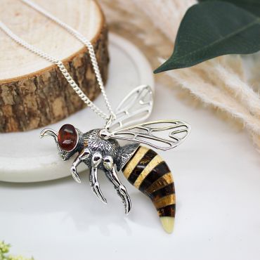 Large Sterling Silver Wasp/Bee Necklace set with Multi Coloured Amber