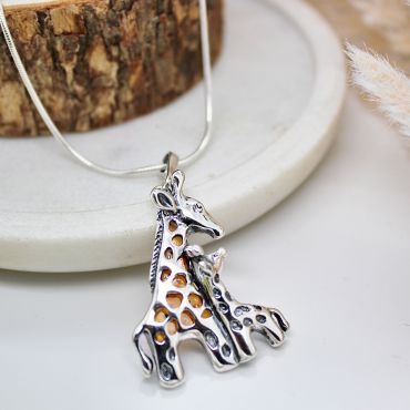 925 Sterling Silver Mother and Child Baby Giraffe Set With Amber Cognac Necklace