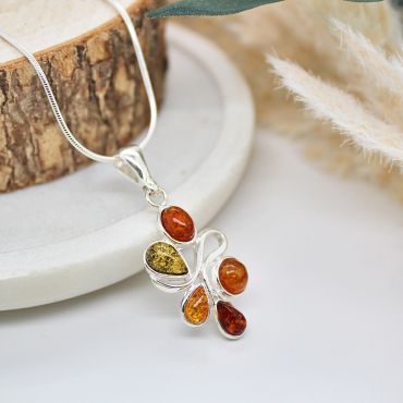 Abstract Sterling Silver and Multi Coloured Amber Necklace