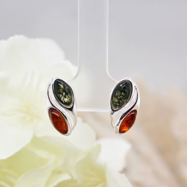 Sterling Silver with Green and Cognac Amber Stud Earrings