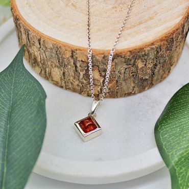 925 Sterling Silver Simple Square  Cognac Amber Necklace