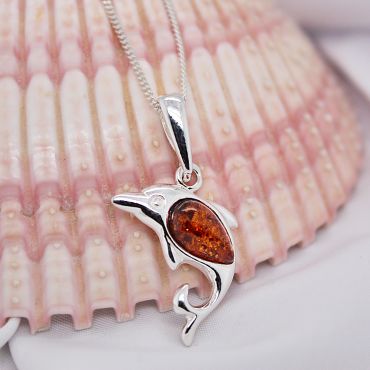 Sterling Silver &amp; Cognac Amber Dolphin Necklace