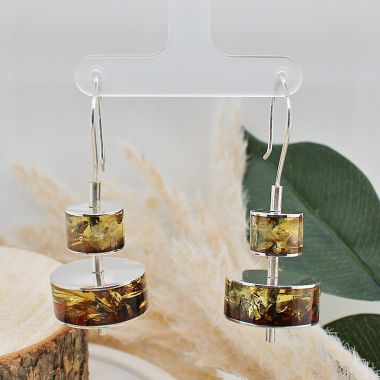 Two Layered Sterling Silver and Green Amber Drop Earrings