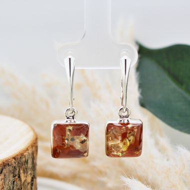 925 Sterling Silver Chunky Square Drop Earrings With Beautiful Amber.