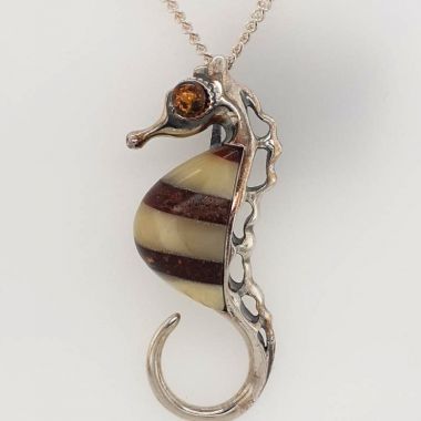 Amber Silver Seahorse Pendant