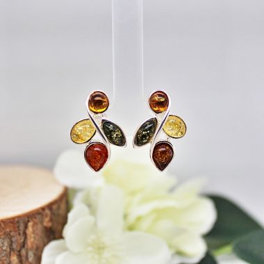 Sterling Silver Leaf Shaped Multi-Coloured Amber Stud Earrings