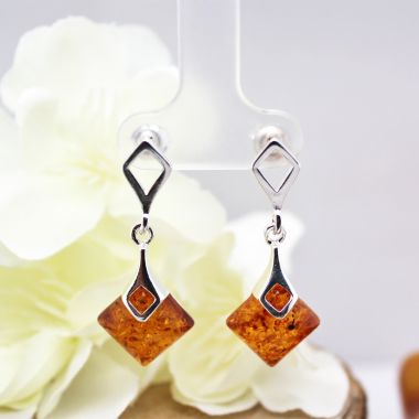 Sterling Silver Square Set Amber Drop Earrings