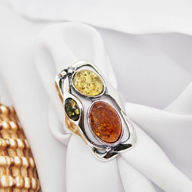 Sterling Silver & Cognac Amber Three Stone Ring