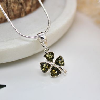 Dainty Green Cognac and Sterling Silver Four Leaf Clover Necklace