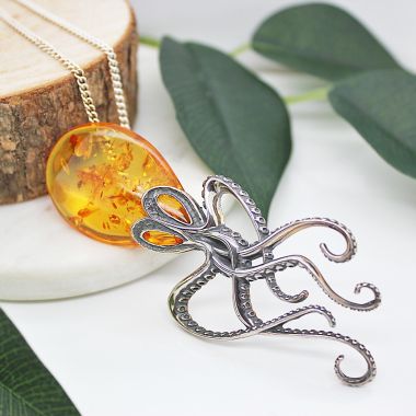 925 Sterling Silver and Amber Cognac Octupus Necklace