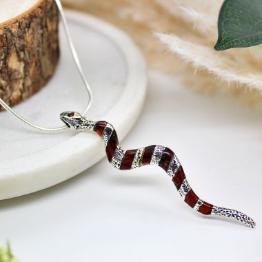 925 Sterling Silver Snake Necklace Set With Cognac Amber