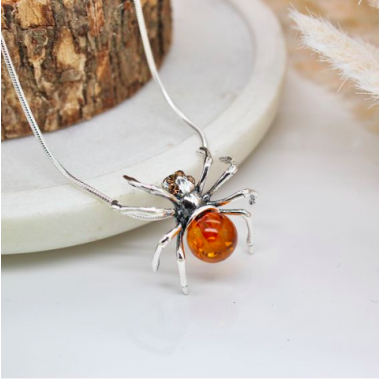 925 Sterling Silver and Amber Cognac Spider Necklace