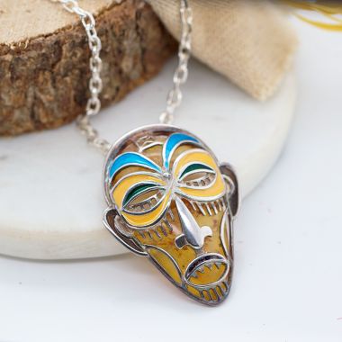 Sterling Silver, Baltic Cognac and  Turquoise Amber Mask Necklace.