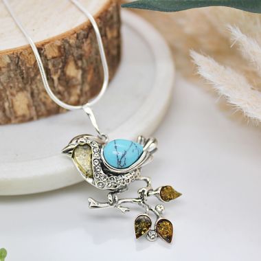 Stunning 925 Sterling Silver Turquoise Robin With Multi Coloured Amber