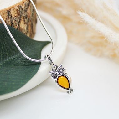 925 Sterling Silver and Amber Cognac Owl Necklace with CZ