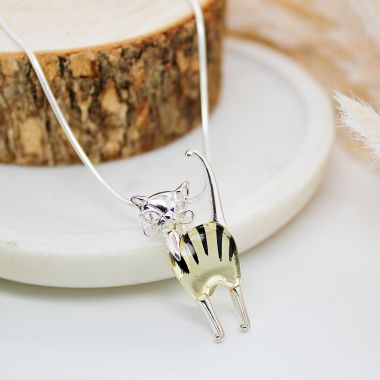 Sterling Silver and Amber Cute Stripy Cat Necklace