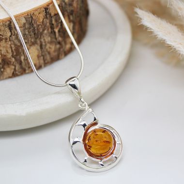 Sterling Silver and Cognac Amber Open Shell Necklace