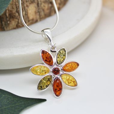 Sterling Silver and Multi Coloured Amber Flower Necklace