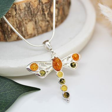 Sterling Silver Dragonfly set with Beautiful Multicoloured Amber