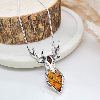 925 Sterling Silver Cognac Amber Stag Head Necklace