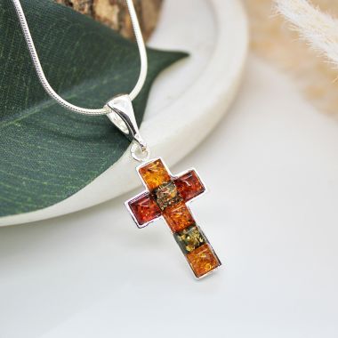 925 Sterling Silver set with Multi Coloured Amber Cross Necklace