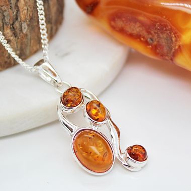 Fancy Sterling Silver Cognac Amber 4 Stone  Necklace