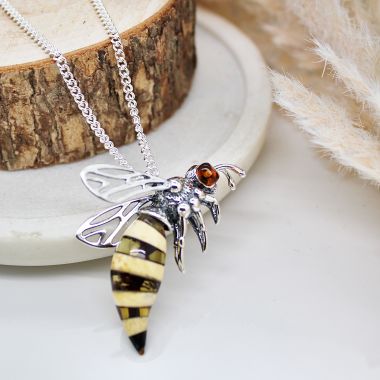 Sterling Silver Wasp/Bee Necklace set with Multi Coloured Amber