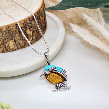 925 Sterling Silver Turquoise and Cognac Amber Kingfisher Necklace