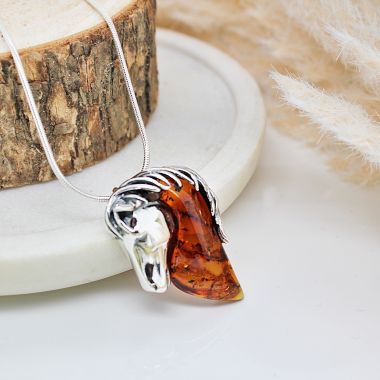 Sterling Silver set with Cognac Amber Circular Horse Head Necklace
