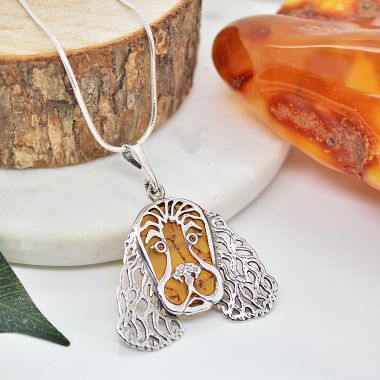 925 Sterling Silver and Amber Cognac Dog Neclace
