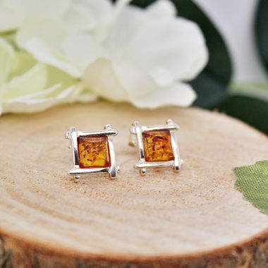 Sterling Silver Square Amber Stud Earrings.
