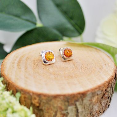 Sterling Silver Square Surround Cognac Amber Stud Earrings.