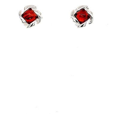 Sterling Silver Fancy Edge Stud Earrings, Set With Square Amber