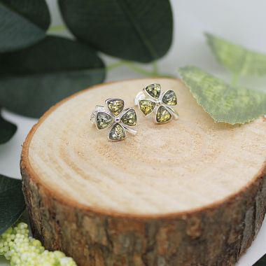 Green Amber Silver 4 Leaf Clover Drop Earrings