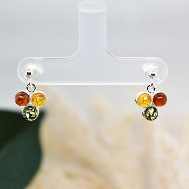 Sterling Silver Multi-Coloured Amber Three Stone Drop Earrings