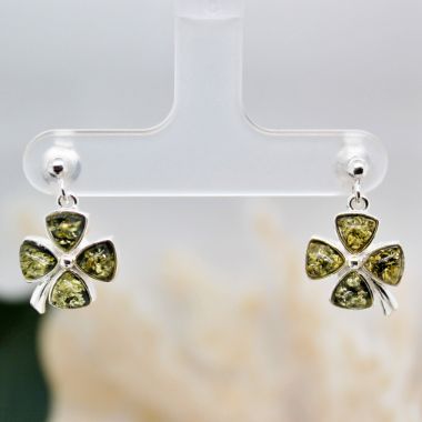Sterling Silver Multi-Coloured Amber Four Leaf Clover Stud Drop Earrings.