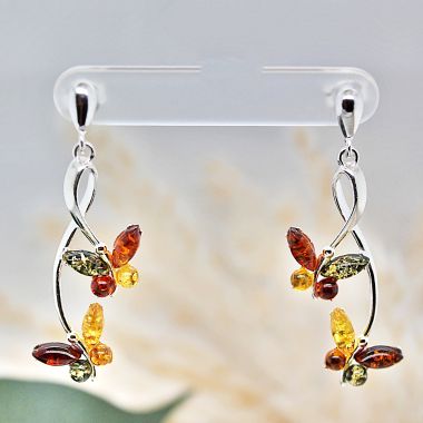 Sterling Silver Multi Coloured Amber Butterfly Drop Earrings