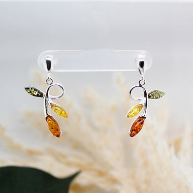 925 Sterling Silver Hanging Leaf Earrings with Multi-Coloured Amber