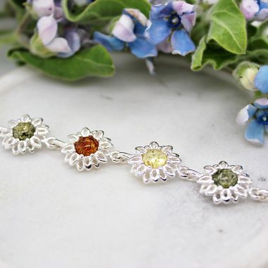 Sterling Silver and Amber Multi Coloured Flower Bracelet