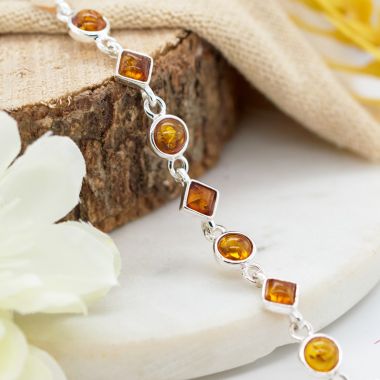 Sterling Silver and Cognac Amber Diamond and Circulre Bracelet