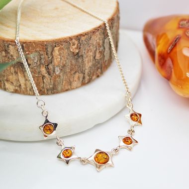 925 Sterling Silver Amber Cognac Star Necklace